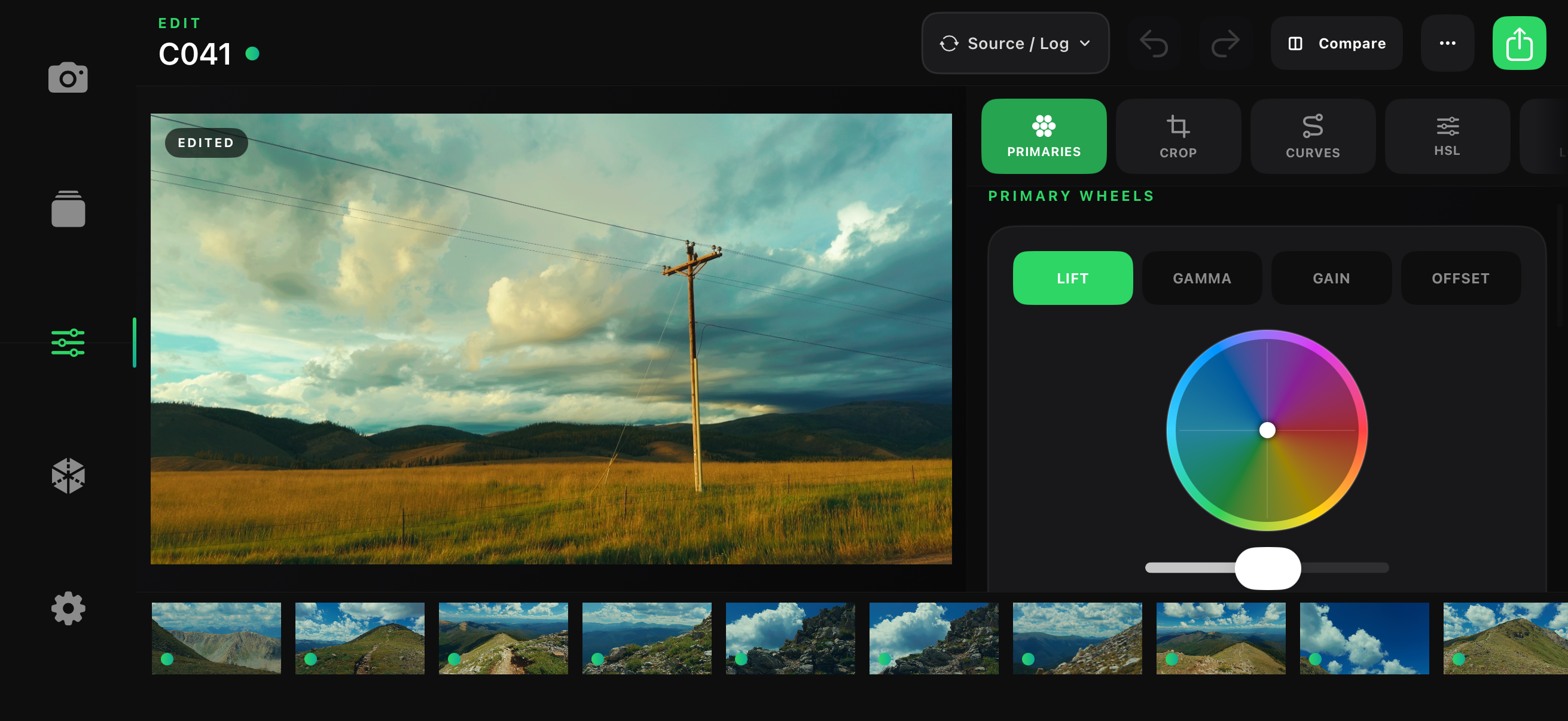 Chromis color grading workspace with color controls and a graded preview.